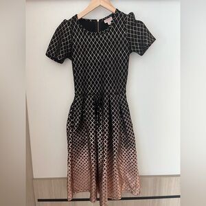 LuLaRoe Black and Gold Patterned Amelia Midi Dress
